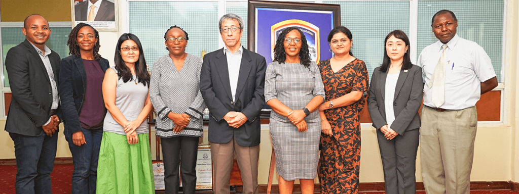 Visiting faculty from Nagaoka University of Technology, UNESCO joined by the MKU representatives pose for  a photo during their courtesy visit to Dr. Mercyline Kamande, Deputy Vice-Chancellor Academics.